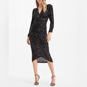 Sequin V-Neck Puff Shoulder Ruched
Midi Sheath Dress